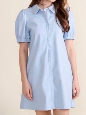 S’edge Anderson Vegan Leather Sold Out Cornflower Blue Puff-Sleeve Shirt Dress